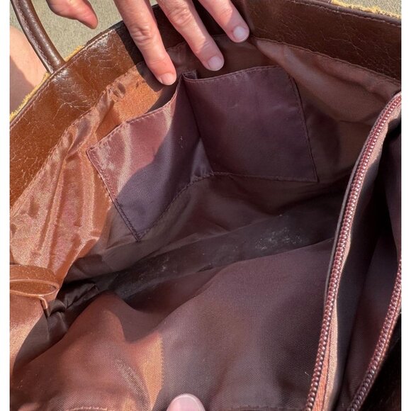 Animal Patchwork Tote Bag 14" X 9" Brown Vegan Leather By Bueno With Dual Straps - Picture 8 of 9